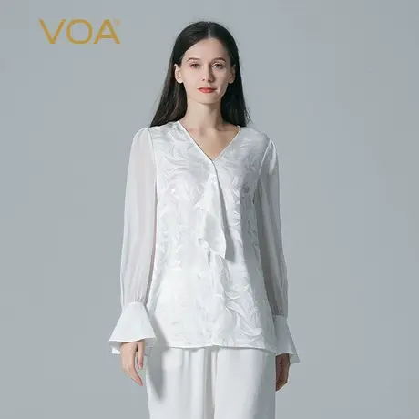VOA桑蚕丝月牙提花雪白色V领长袖拼接乔其活页装饰直筒真丝T恤商品大图
