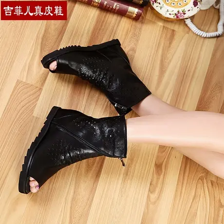 2024春季新款鱼嘴短靴女真皮内增高凉鞋透气薄款中跟靴子镂空凉靴商品大图