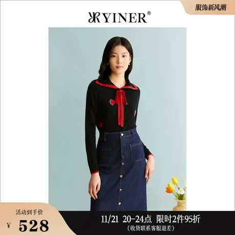 YINER音儿线上专选女装2023秋季撞色飘带针织衫爱心印花上衣商品大图