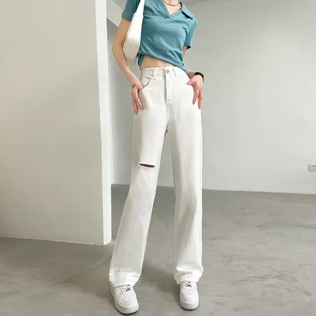 白色破洞牛仔裤女宽松2024春夏新款高腰显瘦休闲时尚窄版阔腿裤子商品大图