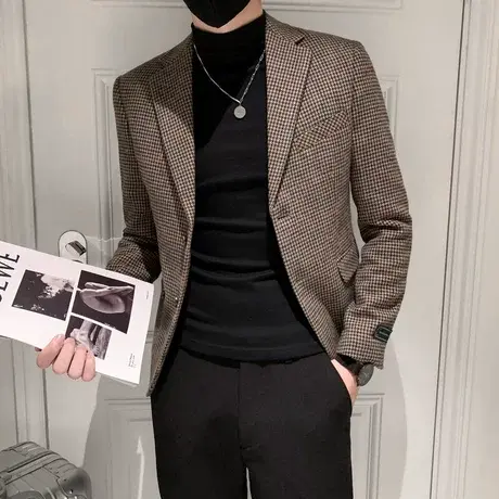 2024潮牌男西服上衣小西装外套修身时尚ins休闲秋冬季格子发型师商品大图