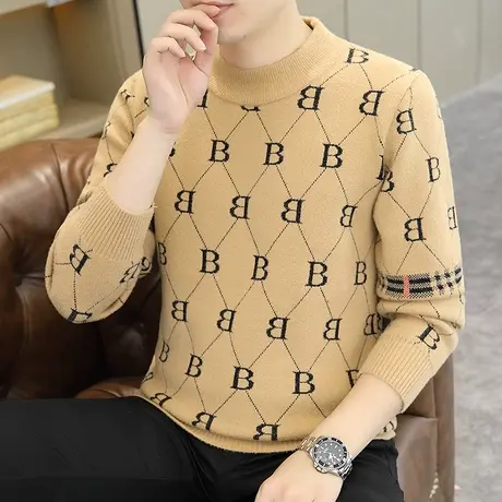 字母毛衣男士秋冬季半高领潮牌个性修身打底衫男装加厚针织羊毛衫商品大图
