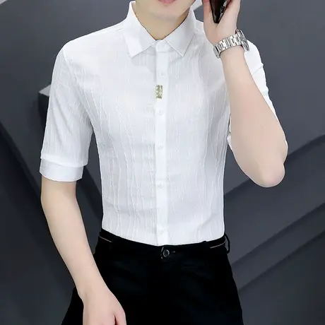 高级感提花短袖衬衫男士夏季潮流轻奢男装痞帅气半袖时尚白色衬衣商品大图