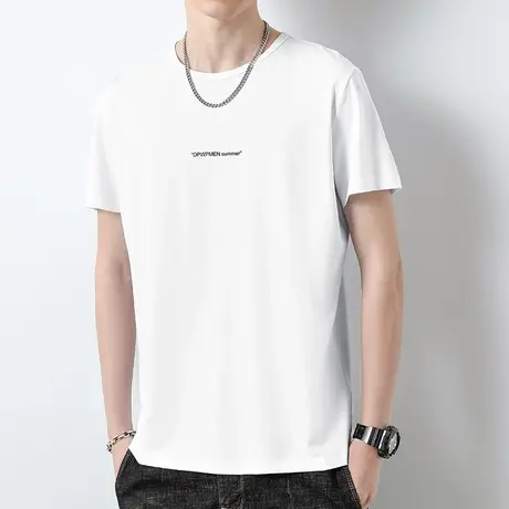 莫代尔白色t恤男士短袖圆领上衣服夏季冰丝凉感半袖潮流印花体恤商品大图