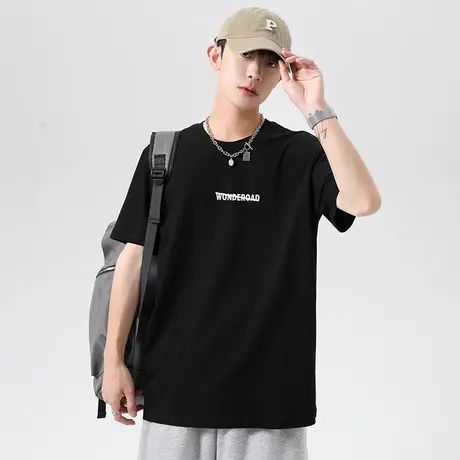 重磅纯棉短袖t恤男夏季半袖美式潮流圆领黑色上衣服宽松全棉体恤商品大图