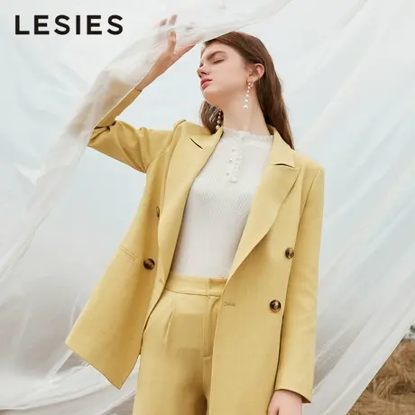 LESIES蓝色倾情春秋新款女双排扣气质小西装外套职业OL休闲裤图片
