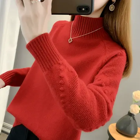 半高领套头针织打底衫女加厚宽松点点红色女士毛衣图片