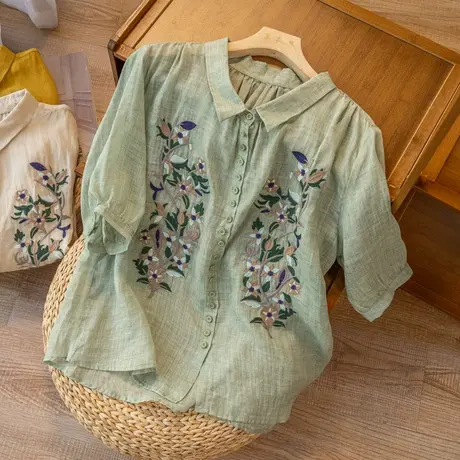 短袖苎麻衬衣女刺绣2022夏季新款薄款棉麻上衣绣花宽松漂亮衬衫女图片