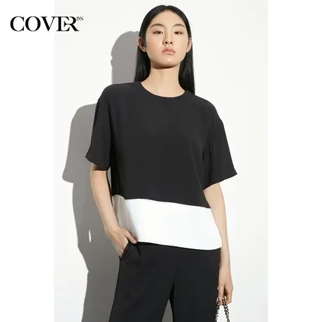 COVER夏季落肩袖休闲撞色拼接上衣商品大图