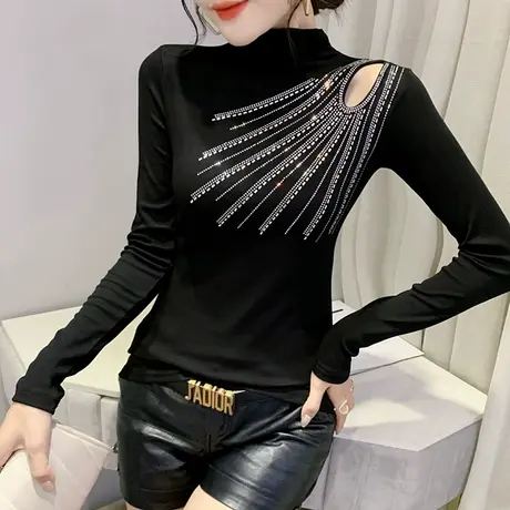半高领打赢衫女春秋性感镂空女装时尚烫钻长袖T恤紧身内搭上衣潮商品大图