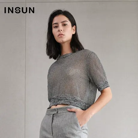INSUN恩裳夏季圆领五分袖镂空薄款空调衫图片