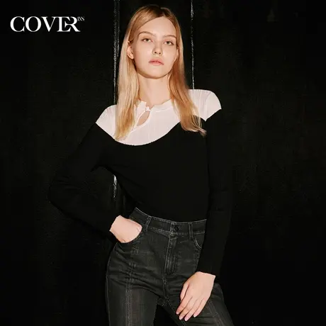 COVER秋季新中式立领撞色毛针织衫商品大图
