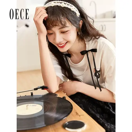 Oece甜美短袖T恤夏装新款女装蝴蝶结圆领小衫气质ins超火上衣图片