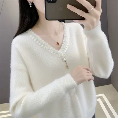 秋季女士水貂绒v领毛衣女2023年新款初秋爆款针织打底衫女秋冬季图片