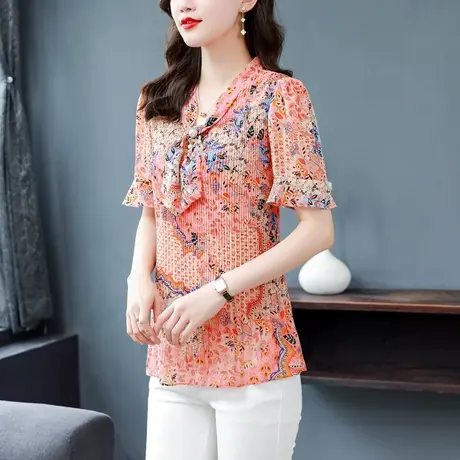女装2023新款夏季时尚褶皱花色雪纺衫女宽松遮肚子蝴蝶结领女上衣商品大图