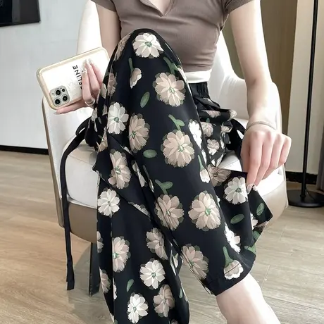 时尚印花冰丝阔腿裤女夏季薄款蝴蝶结背带窄版高腰垂感防晒休闲裤图片