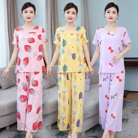 夏季棉绸短袖长裤家居服睡衣可爱大码薄款春秋人造棉阔腿裤两件套图片
