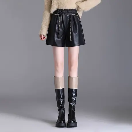 松紧腰PU皮裤韩版通勤休闲裤高腰短裤秋季2023新款时尚显瘦阔腿裤商品大图