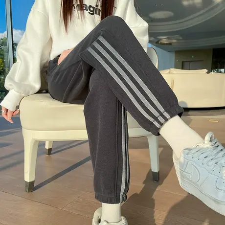 深灰色运动裤女秋冬新款高腰宽松显瘦束脚大码加绒加厚休闲裤卫裤图片