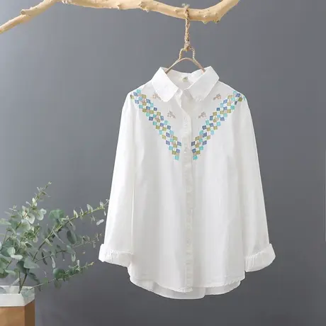 2024年春秋菱形刺绣白衬衫女文艺打底衫长袖宽松开衫纯棉上衣潮图片
