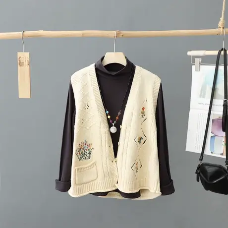 复古文艺刺绣V领单排扣针织开衫背心女马甲外搭无袖毛衣叠穿坎肩X图片