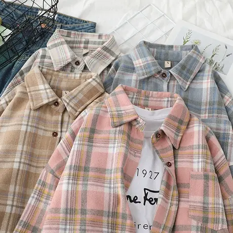 磨毛呢子格子衬衫女中长款2020秋冬新款韩版宽松长袖打底衬衣外套图片