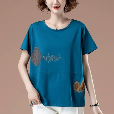 短袖t恤女夏季加肥加大码女装宽松中年妈妈纯棉刺绣百搭显瘦体恤商品大图