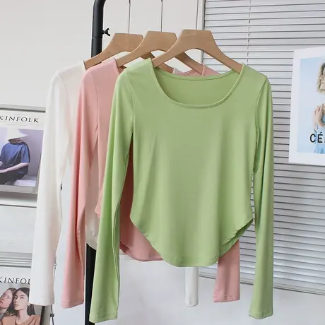 短款莫代尔t恤上衣女春夏修身圆领长袖高腰打底衫 健身瑜伽舞蹈服图片