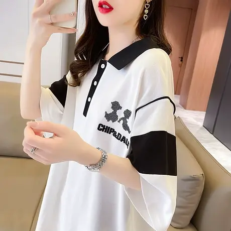 小众设计感短袖t恤女2023新款夏季韩版宽松大码翻领撞色上衣服潮图片