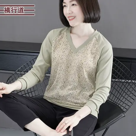 2024春季新款简约V领拼碎花雪纺宽松插肩长袖T恤女装上衣服打底衫商品大图