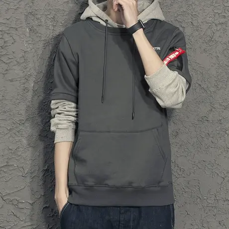 奕飏街头潮牌卫衣男连帽 假两件飘带套头卫衣 韩版潮学生帽衫外套商品大图