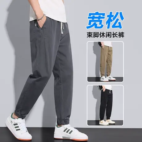 夏季薄款纯色法式工装裤男士夏天裤子宽松紧腰美式九分休闲裤男裤商品大图
