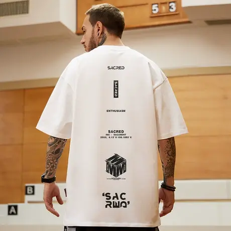 高街潮牌宽松T恤美式短袖男加肥加大五分袖纯棉肥佬大码男装夏季图片