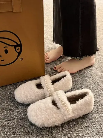 羊羔毛玛丽珍毛毛鞋女2023年新款仙女风豆豆鞋一脚蹬温柔风棉瓢鞋商品大图