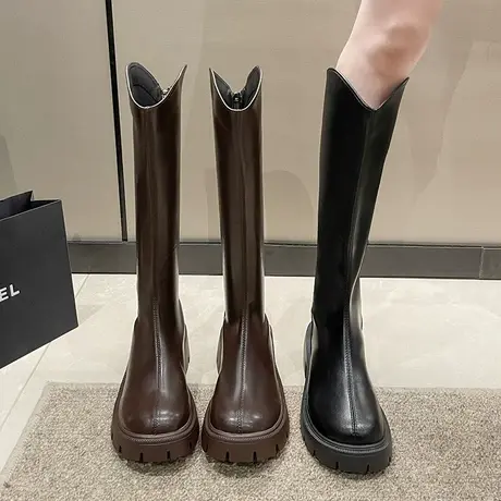 靴子女2023新款显瘦女士秋季长筒靴v口法式高级感粗跟高跟骑士靴图片