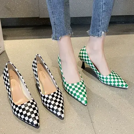 ins风气质高跟鞋2023春季新款时尚千鸟格拼色尖头网红细跟单鞋女图片