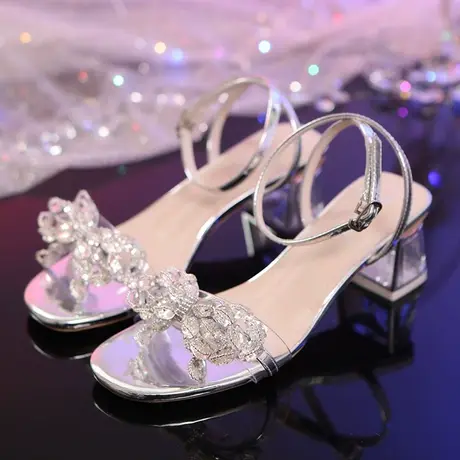 百翎粗跟蝴蝶结凉鞋女水晶跟白色仙女风夏季中跟粗跟水钻小码鞋子商品大图