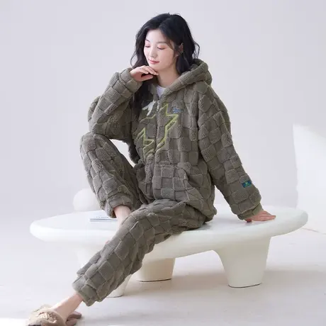 睡衣女珊瑚绒冬季加绒加厚法兰绒连帽女士家居服2023新款秋冬套装图片