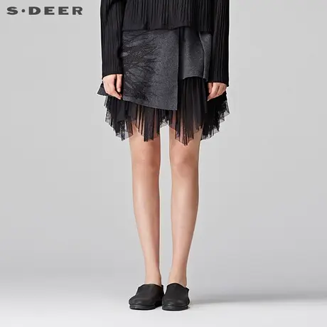 sdeer圣迪奥2018冬装摩登灰网纱拼接线迹装饰毛呢短裙女S17481371图片