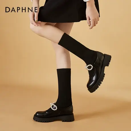 达芙妮黑色小皮鞋日系女jk2021年新款蝴蝶结飞织袜靴圆头厚底单鞋商品大图