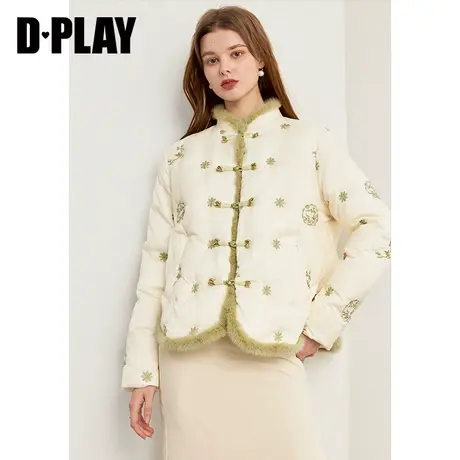 DPLAY2023年冬新中式白色立领重工花卉刺绣短款羽绒服商品大图