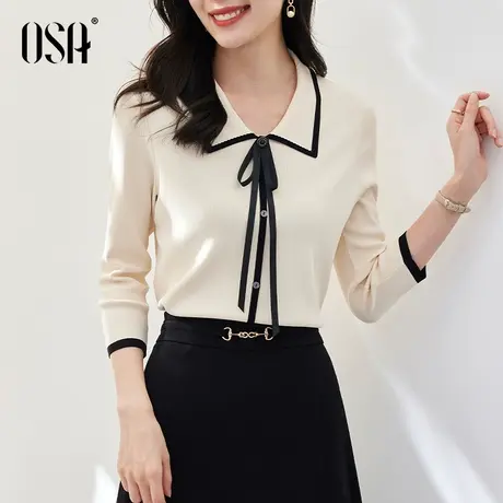 OSA欧莎小香风七分袖娃娃领针织衫女2022年秋装新款薄款冰丝上衣商品大图