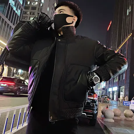 冬季棉服男时尚立领PU拼接设计感潮牌个性保暖加厚机车服棉衣外套图片