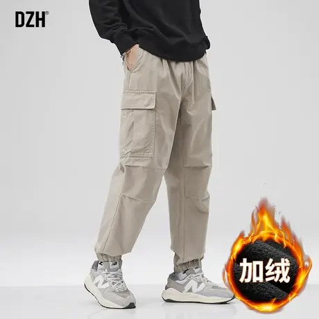 男生卡其色加绒工装裤男冬季束脚宽松休闲裤子美式高街2024新款潮商品大图