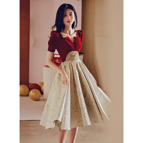 红色礼服裙高级感玫瑰骑士敬酒服女夏季新娘订婚法式小个子连衣裙商品大图