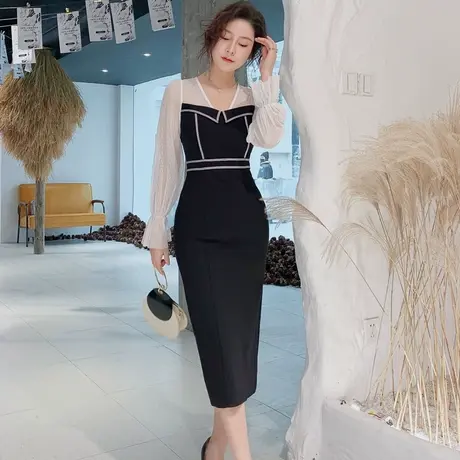 新款女法式中长款收腰礼服修身气质包臀女神名媛显瘦黑色连衣裙商品大图