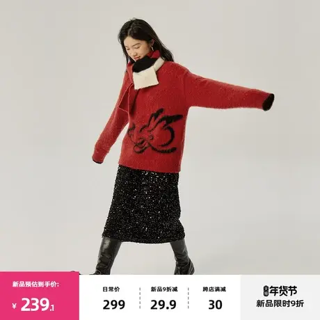 omont蛋挞家  新年红色毛衣女春季新款宽松慵懒圆领针织上衣图片