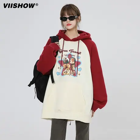 VIISHOW插肩连帽卫衣男2024春新款可爱卡通小猫印花拼接宽松上衣商品大图