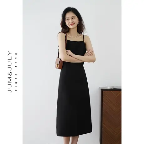 嘉茱莉2024春季新款黑色吊带连衣裙女收腰吊带裙无袖长裙前开叉图片