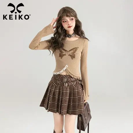 KEIKO 复古蝴蝶印花长袖T恤2024春夏甜辣妹肌理感修身上衣打底衫图片